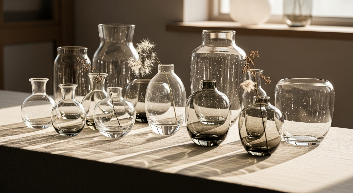 Range of handcrafted AVM glass vases in daylight