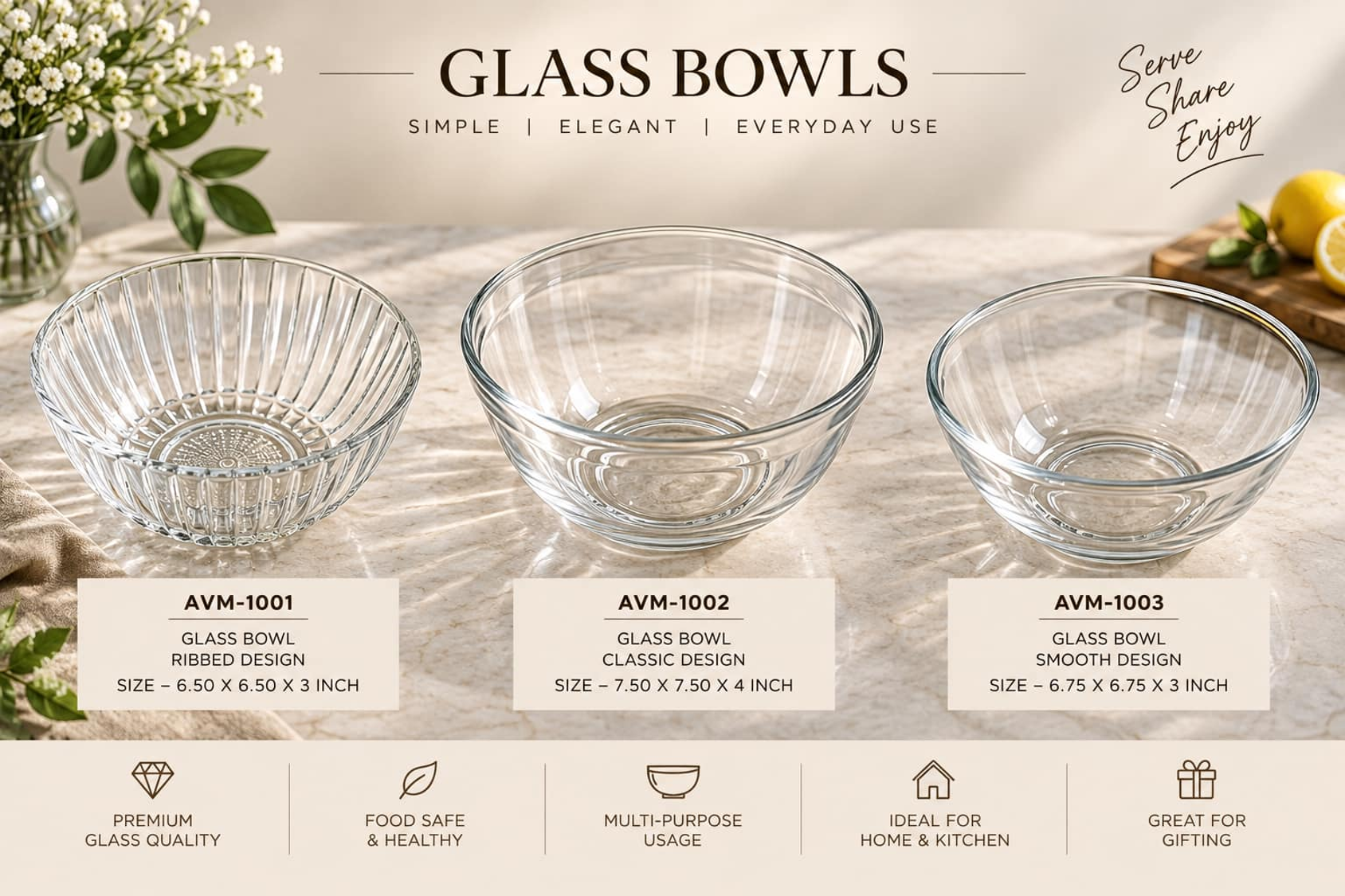 Bowls & Tableware — handcrafted glassware manufactured by AVM Glass, Firozabad