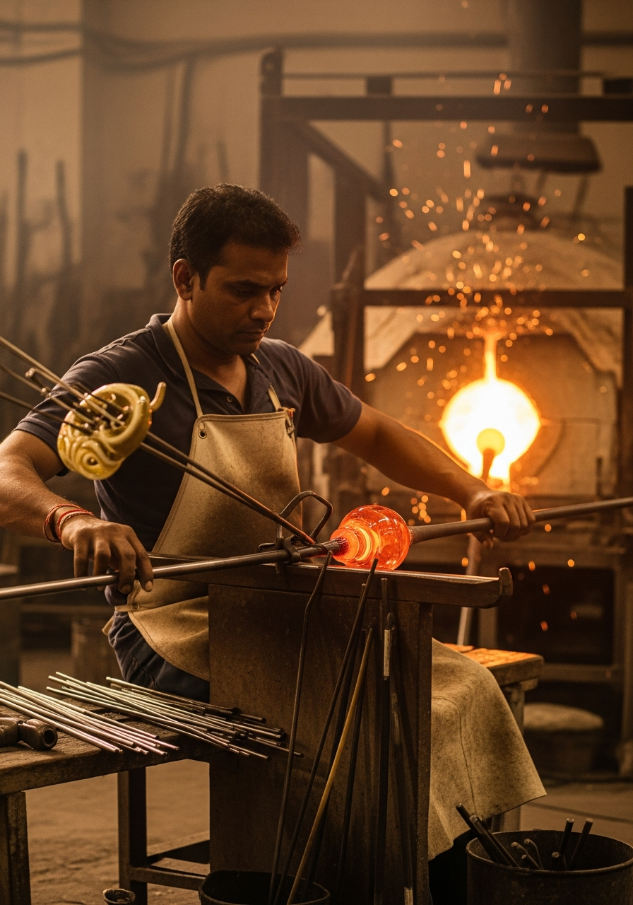 Artisan hand-blowing glass in the AVM workshop in Firozabad